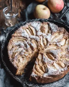 Cardamom cognac apple cake in a cast iron skillet, topped with sliced apples and dusted with powdered sugar.
