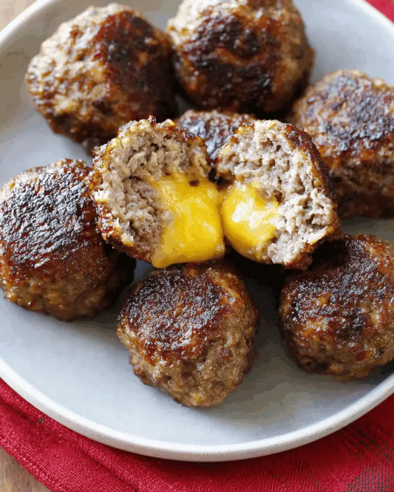 A plate of golden-brown cheese stuffed meatballs, with one split open to reveal melted cheese inside.