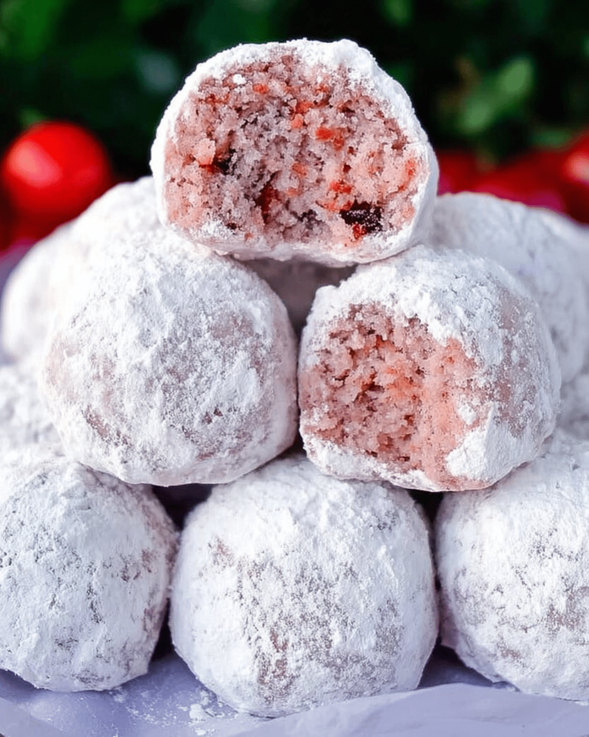 A stack of cherry snowball cookies coated in powdered sugar, with two cookies showing their pink, cherry-filled interior.