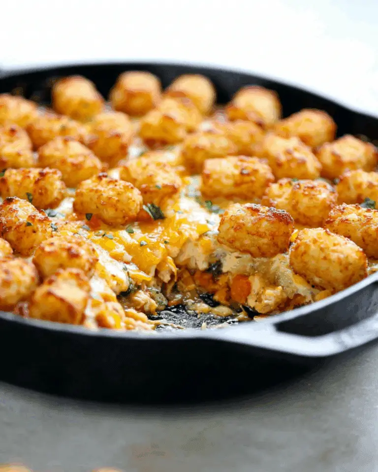 A skillet filled with chicken pot pie topped with crispy tater tots and melted cheddar cheese, with a serving scooped out.