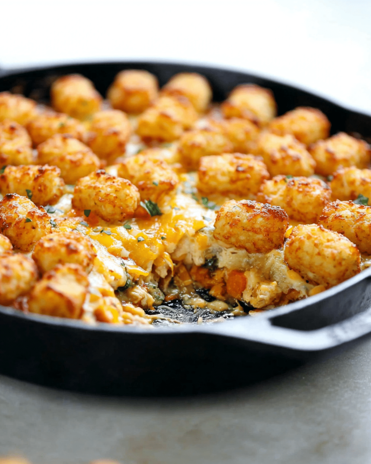 A skillet filled with chicken pot pie topped with crispy tater tots and melted cheddar cheese, with a serving scooped out.