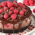 Chocolate raspberry cheesecake topped with fresh raspberries, chocolate shavings, and dripping chocolate ganache on a cookie crust.