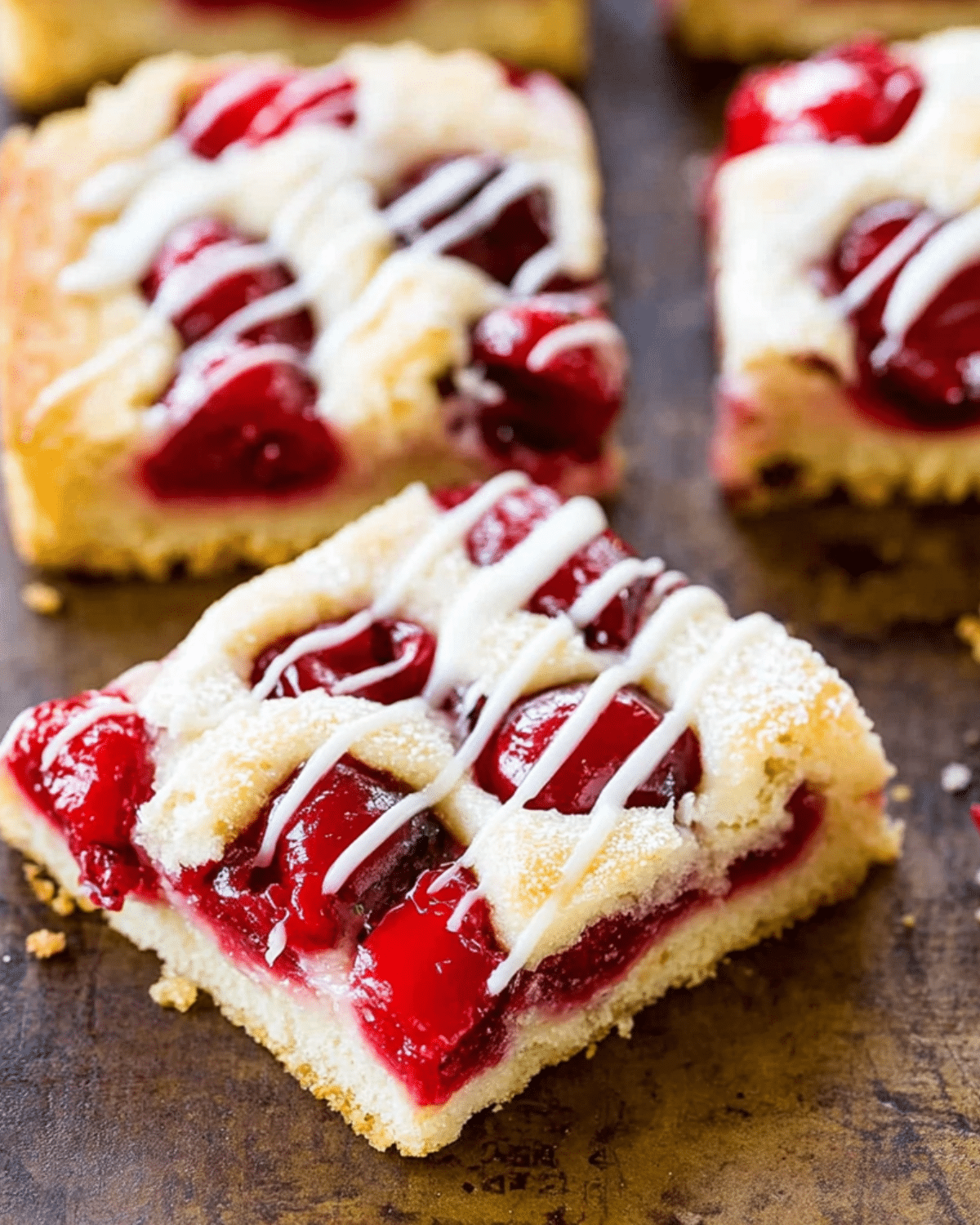 Christmas Cherry Bars with a golden crust, cherry filling, and white icing drizzle cut into squares.
