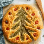 Round focaccia bread decorated with rosemary sprigs arranged as a Christmas tree and cherry tomato ornaments.