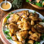 A plate of cider glazed chicken thighs served with roasted potatoes and fresh herbs, accompanied by a salad and sauce on the side.