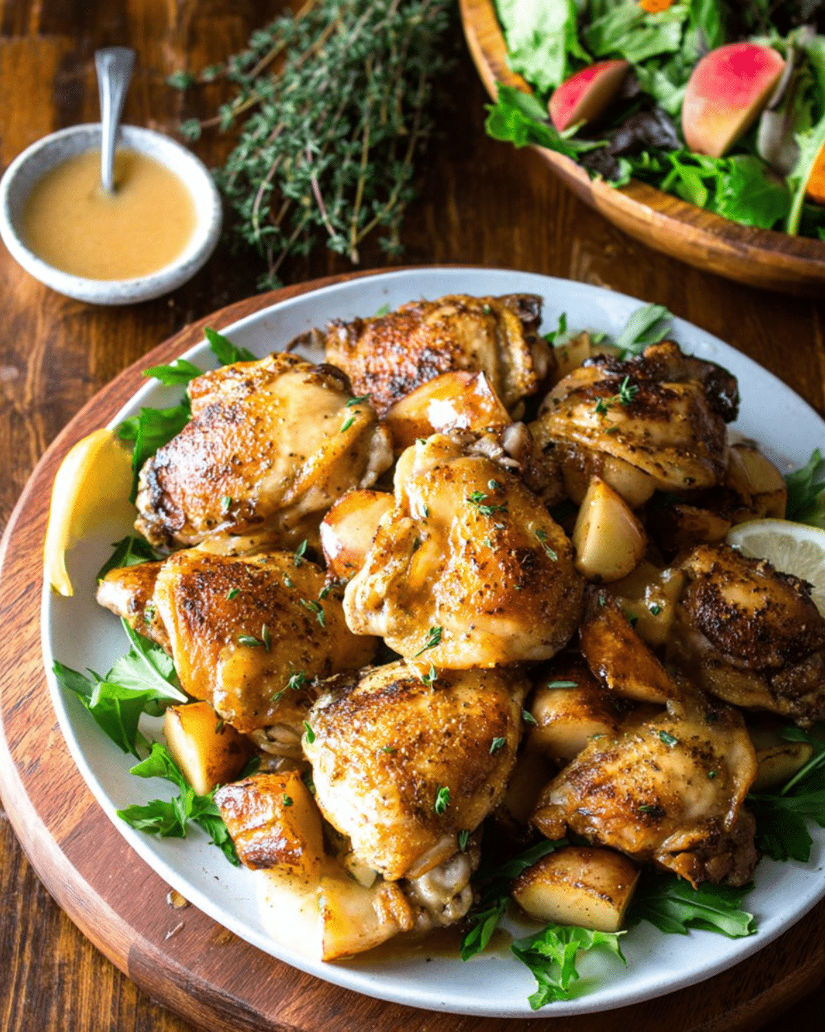 A plate of cider glazed chicken thighs served with roasted potatoes and fresh herbs, accompanied by a salad and sauce on the side.