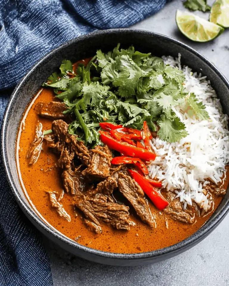 Bowl of coconut red curry drip beef served with white rice, cilantro, and sliced red peppers.