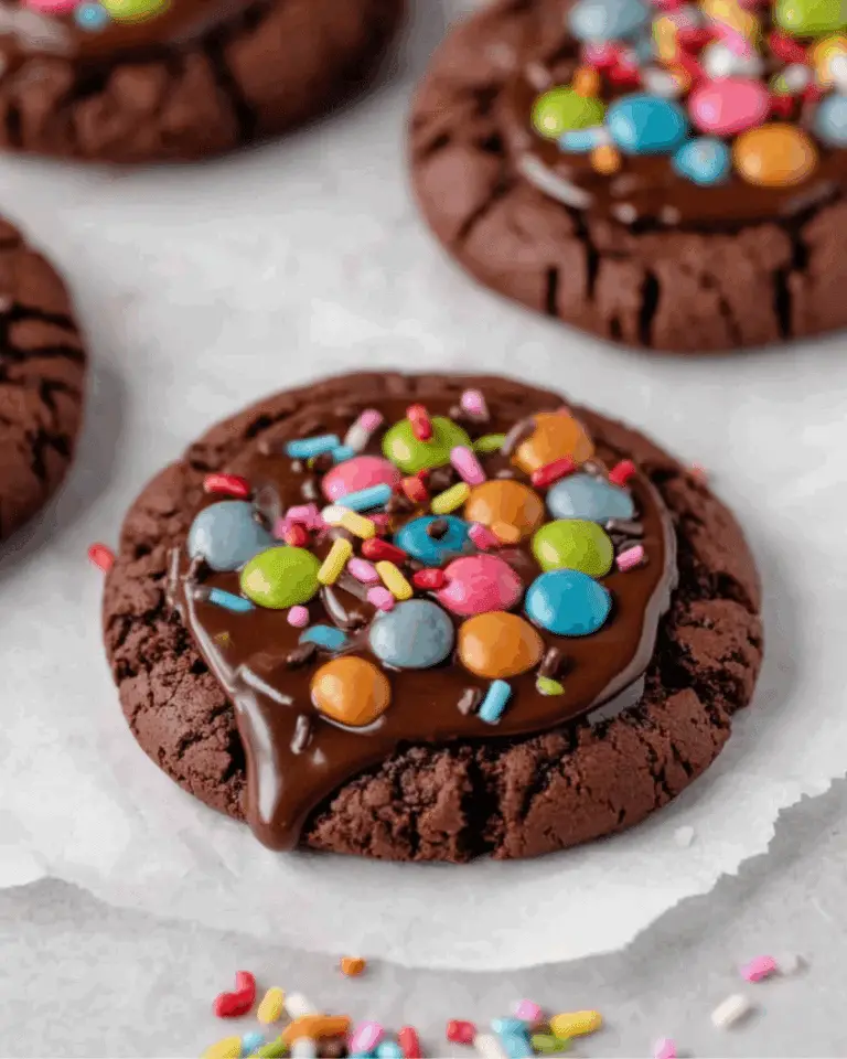 Close-up of Copycat Crumbl Cosmic Brownie Cookies topped with melted chocolate, colorful candy-coated chocolates, and rainbow sprinkles.