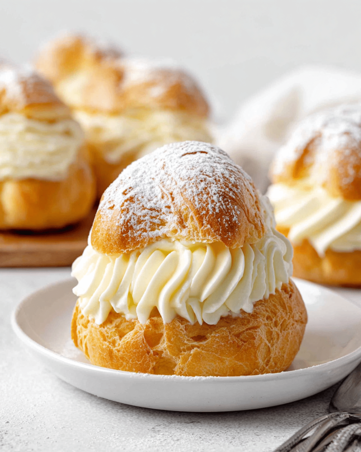 Golden cream puff filled with piped whipped cream and dusted with powdered sugar on a white plate.