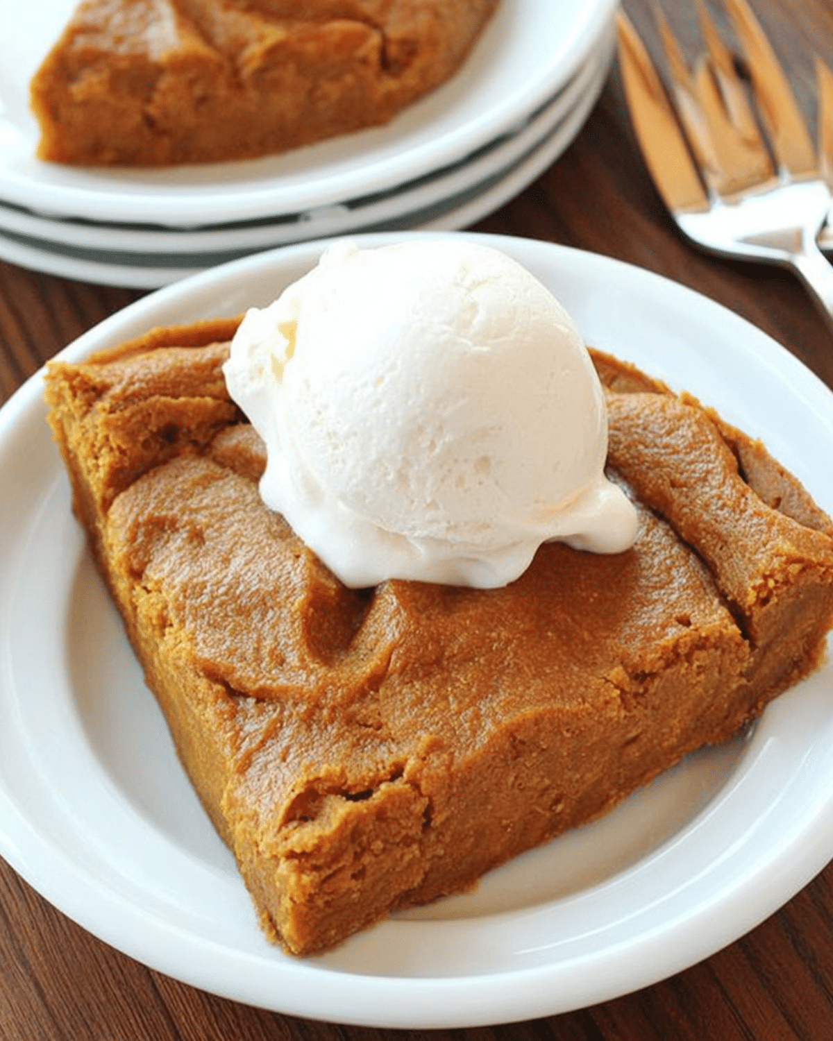 A slice of crustless pumpkin pie topped with a scoop of vanilla ice cream on a white plate.