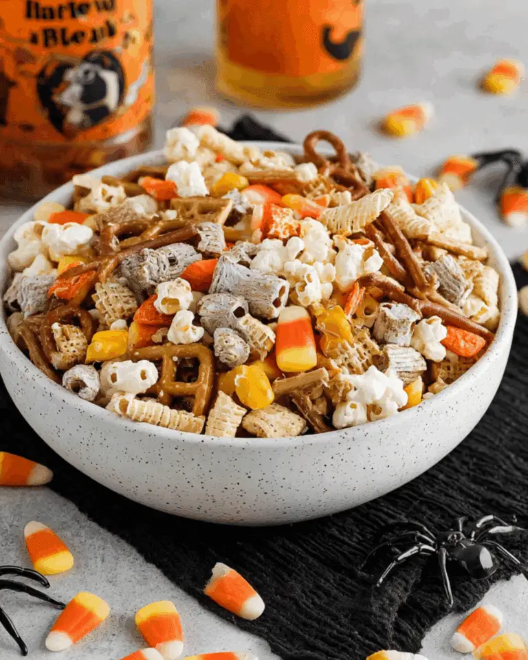 White bowl filled with easy Halloween snack mix including popcorn, pretzels, Chex cereal, candy corn, and festive treats.