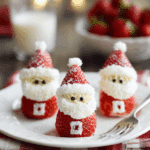 Easy Strawberry Santa Treats made with fresh strawberries, whipped cream, and chocolate eyes on a festive plate.
