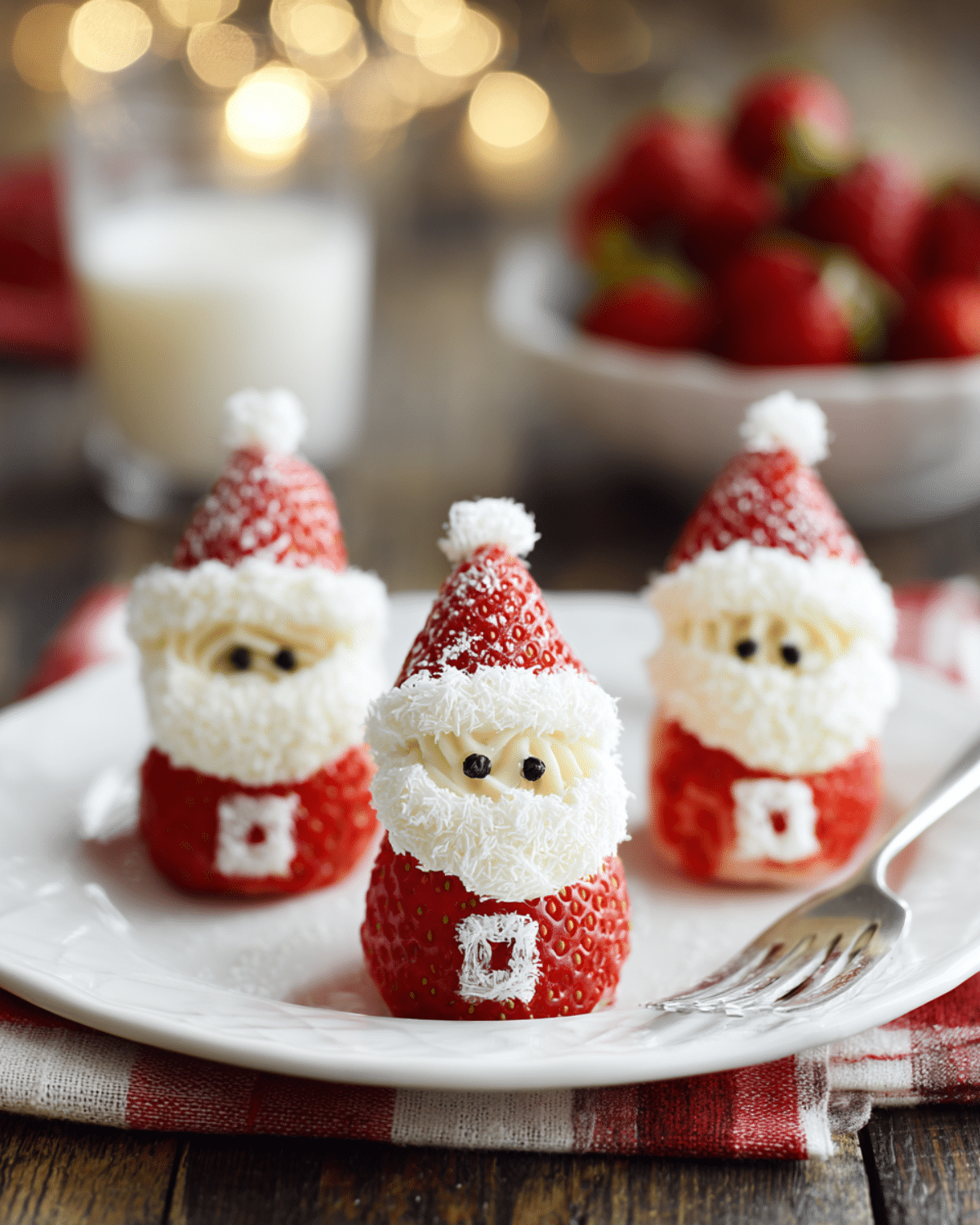 Easy Strawberry Santa Treats made with fresh strawberries, whipped cream, and chocolate eyes on a festive plate.