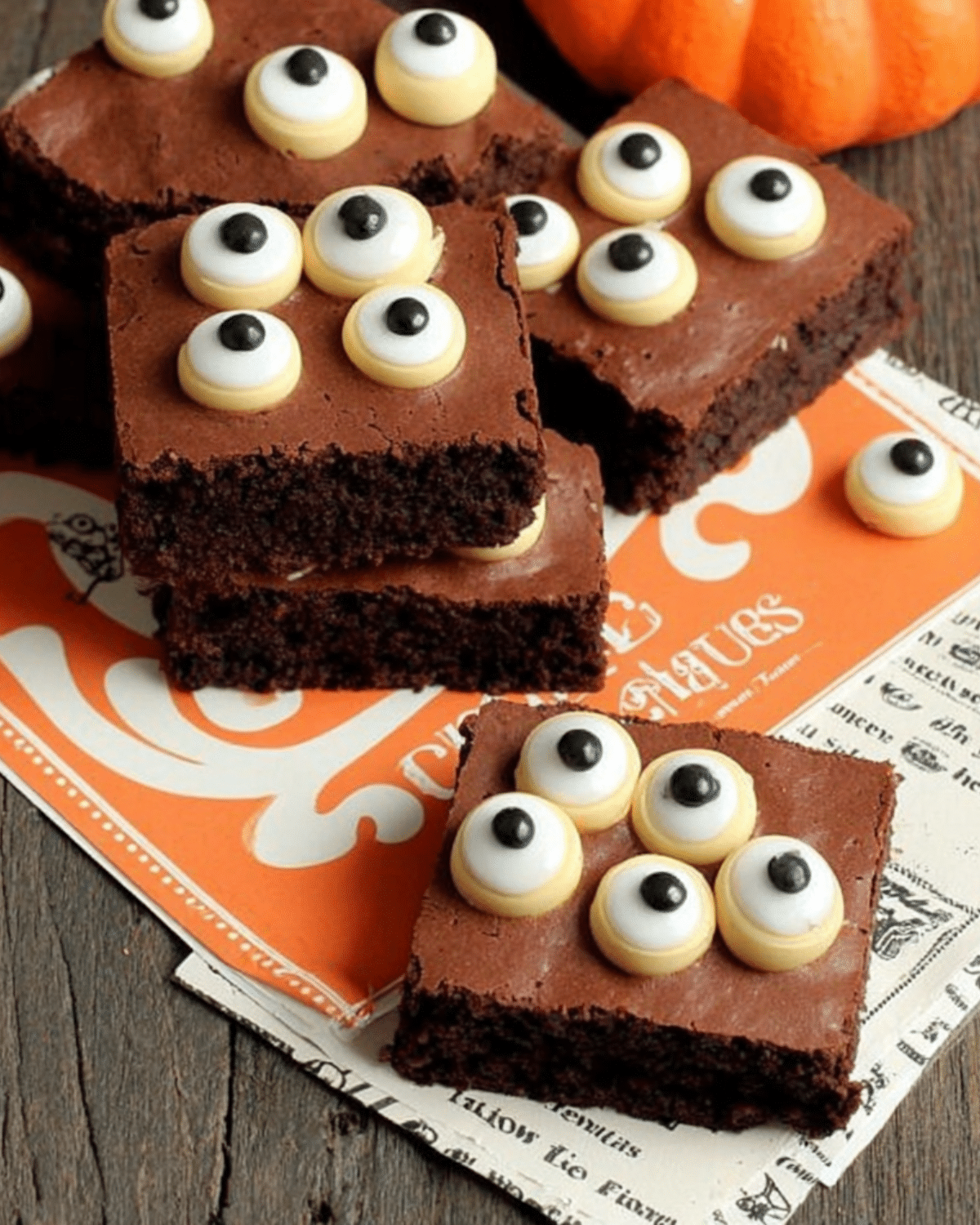 Eyeball Brownies topped with candy eyeballs, stacked on festive Halloween-themed paper with a small pumpkin decoration.