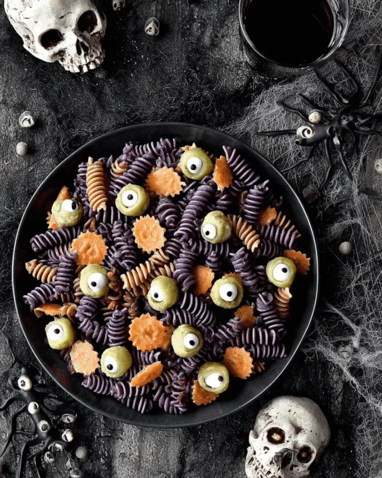 Halloween pasta salad with purple and orange rotini, mozzarella eyeballs, lettuce, and carrot slices in a dark-themed setting.