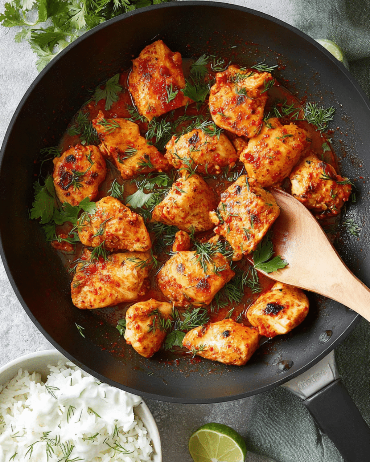 Skillet of Harissa Chicken with fresh herbs, served with a side of rice and lime.