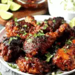 Plate of Hawaiian chicken glazed with a rich, sticky sauce, garnished with fresh cilantro, with lime wedges and rice in the background.