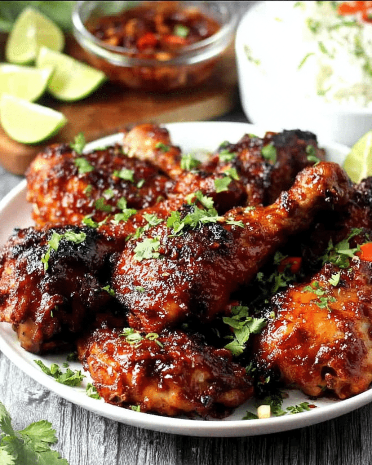 Plate of Hawaiian chicken glazed with a rich, sticky sauce, garnished with fresh cilantro, with lime wedges and rice in the background.