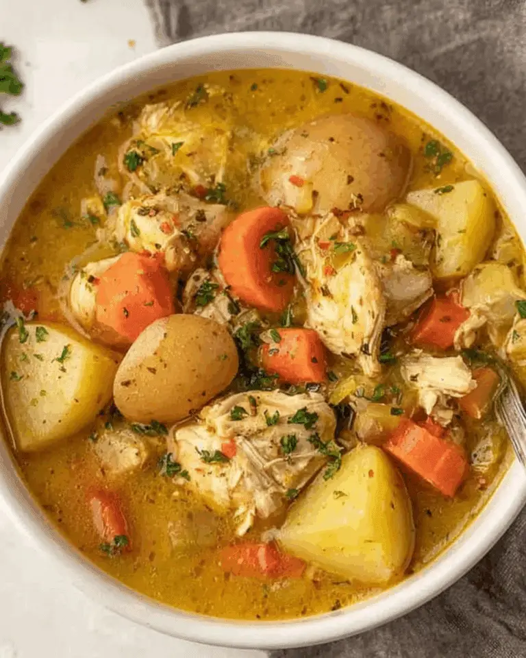 A bowl of hearty chicken stew filled with chunks of chicken, potatoes, carrots, and herbs in a savory broth.