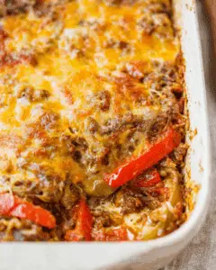 Hearty stuffed pepper casserole with melted cheese, ground beef, rice, and red bell peppers baked in a white dish.