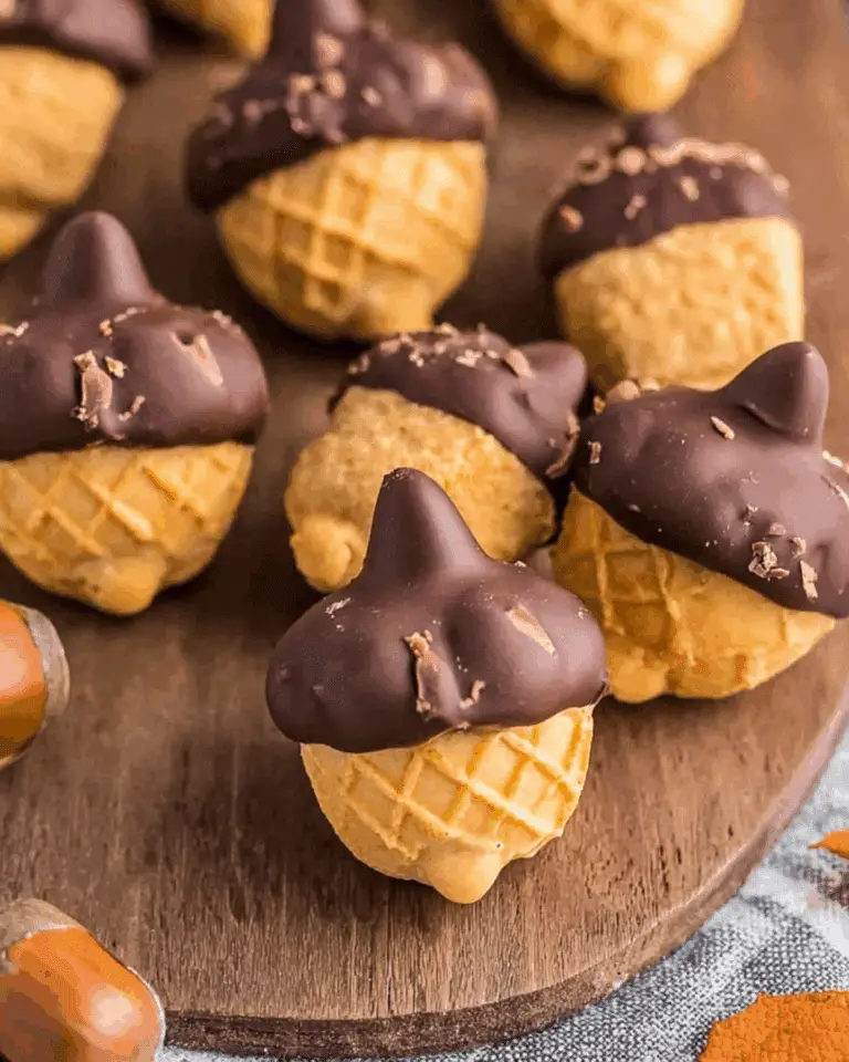 Close-up of Hershey Kiss Acorn Treats made with cookies, chocolate frosting, and Hershey's Kisses on a wooden surface.