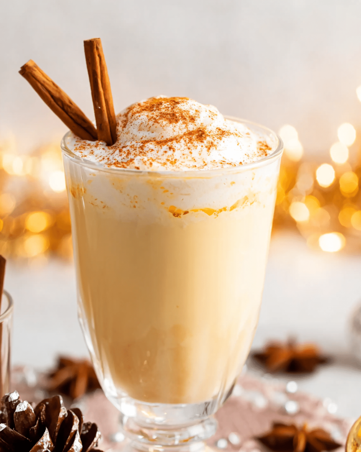 Holiday Jamaican Eggnog Recipe topped with whipped cream, cinnamon, and garnished with cinnamon sticks in a clear glass.