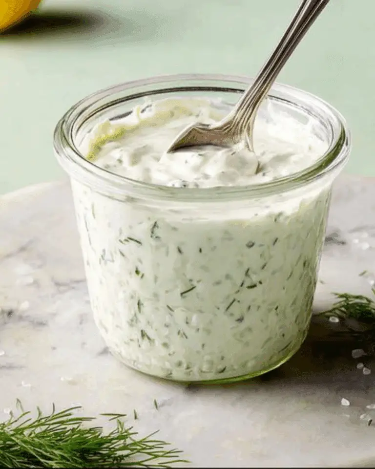 Glass jar filled with creamy homemade ranch dressing, mixed with fresh herbs and a spoon inside.