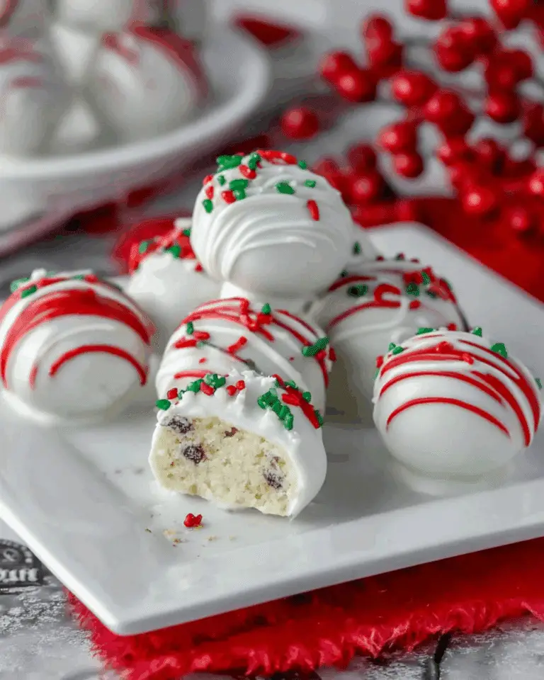 A plate of Little Debbie Christmas Tree Cake Balls coated in white chocolate, drizzled with red icing, and topped with festive sprinkles.