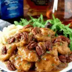 A plate of maple bourbon pecan chicken covered in a rich glaze, served with mashed potatoes and greens.