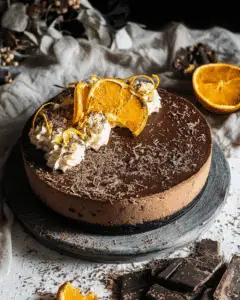 No-bake chocolate orange cheesecake topped with whipped cream, chocolate shavings, and dried orange slices, displayed on a rustic wooden board.