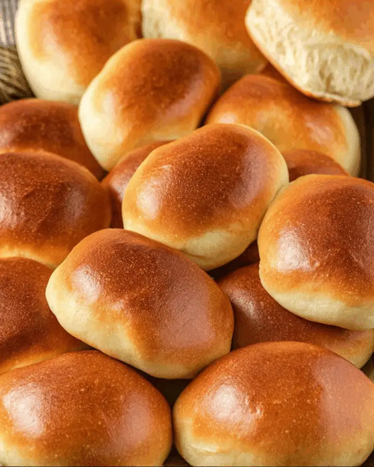 Golden brown Parker House Rolls stacked together, showing their soft, fluffy texture.