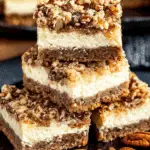 Stack of Pecan Pie Cheesecake Bars with a crumbly pecan topping, creamy cheesecake layer, and rich crust.