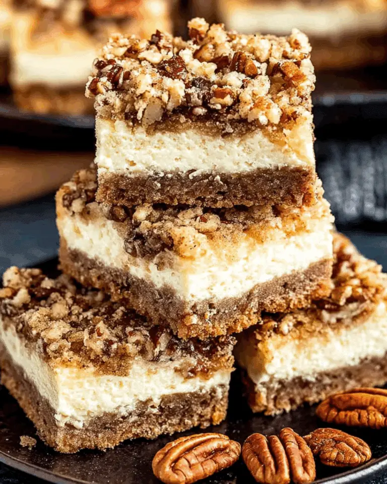 Stack of Pecan Pie Cheesecake Bars with a crumbly pecan topping, creamy cheesecake layer, and rich crust.