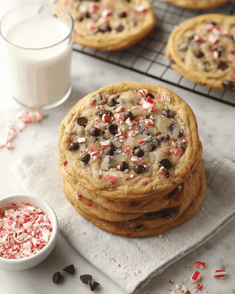 Stack of Peppermint Chocolate Chip Cookies topped with crushed peppermint and chocolate chips, next to a glass of milk.
