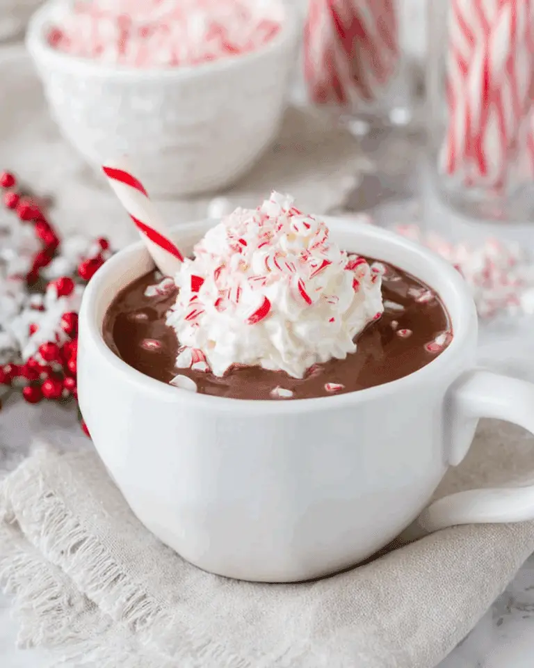 A white mug filled with peppermint hot chocolate topped with whipped cream and crushed candy canes, with a peppermint stick.