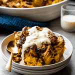 Pumpkin Pie Bread Pudding with Challah served in a bowl, topped with creamy sauce and a golden crust.