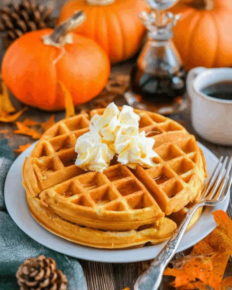 Pumpkin spice waffles topped with whipped cream on a white plate, surrounded by pumpkins, maple syrup, and autumn leaves.