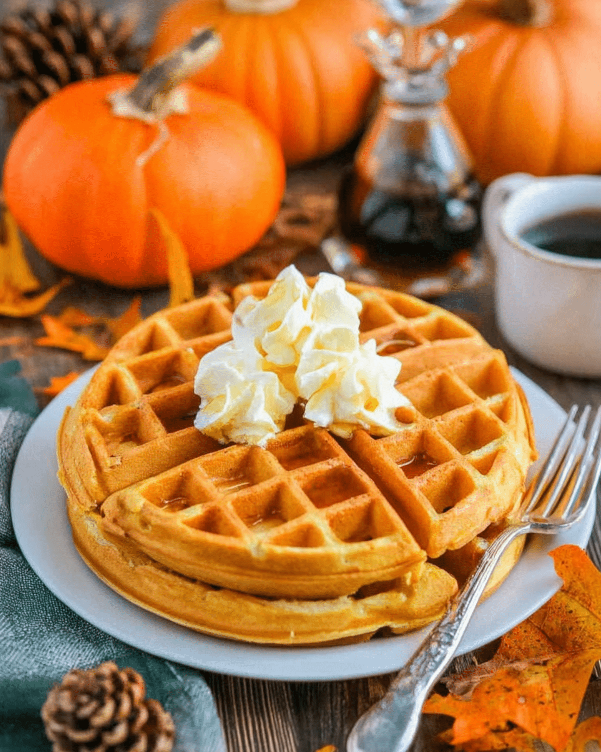 Pumpkin spice waffles topped with whipped cream on a white plate, surrounded by pumpkins, maple syrup, and autumn leaves.