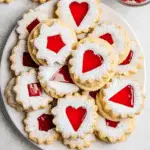Raspberry Linzer cookies dusted with powdered sugar and filled with red raspberry jam in various cut-out shapes.