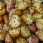 Crispy golden roast potatoes halved and coated with rosemary and herbs, served on a black plate.