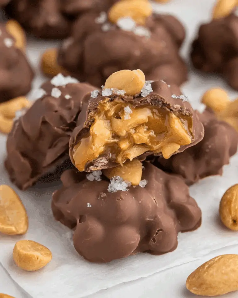 Close-up of salted peanut caramel clusters coated in chocolate, with gooey caramel and peanuts inside.
