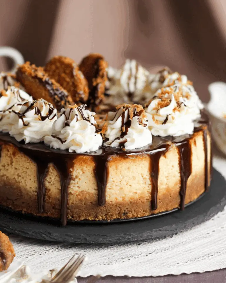 A rich Samoa Cheesecake topped with whipped cream, chocolate drizzle, toasted coconut, and Samoa cookies.