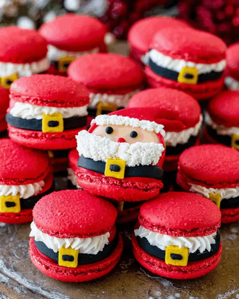 Red Santa Claus Macarons decorated with black belts and gold buckles, with one macaron featuring a full Santa face and beard.
