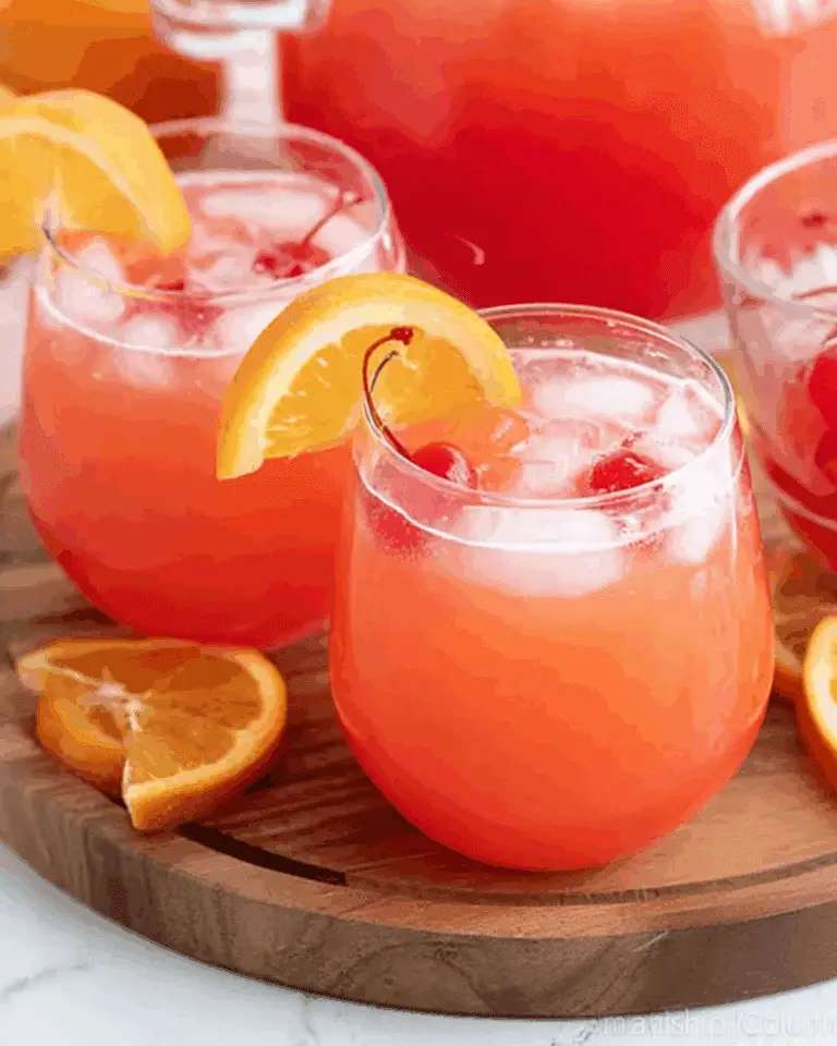 Glasses of Shirley Temple Punch with ice, cherries, and orange slices on a wooden tray.