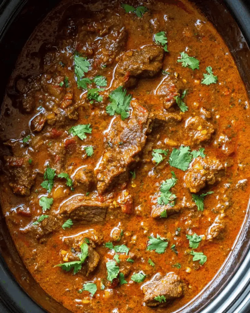 Slow cooker beef curry with tender beef chunks in a rich red curry sauce, garnished with fresh cilantro.