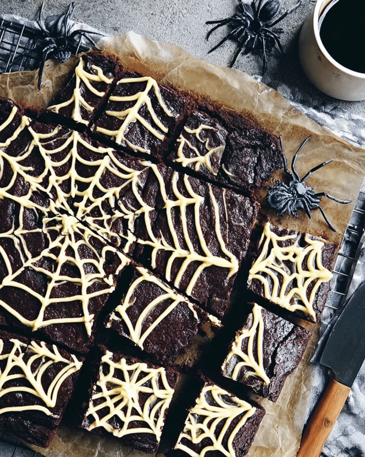 Spider Web Halloween Brownies decorated with white icing in spiderweb patterns, surrounded by plastic spiders and a cup of coffee.