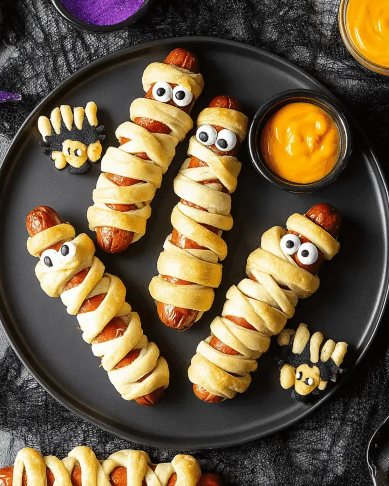 Spooky & Fun Mummy Dogs wrapped in golden crescent dough with candy eyes, served on a black plate with cheese dip and Halloween-themed decorations.