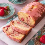 Sliced strawberry bread loaf with strawberry glaze on a marble board, surrounded by fresh strawberries and tea cups.