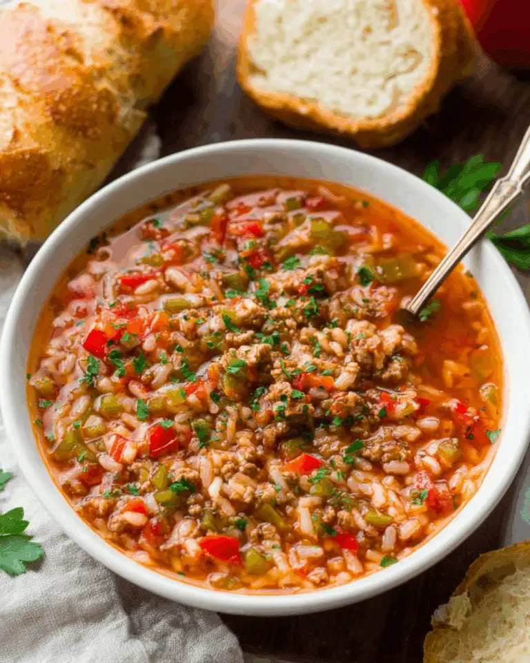 A bowl of stuffed pepper soup filled with ground meat, rice, bell peppers, and tomatoes, garnished with fresh herbs.