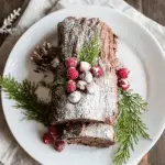 Traditional Chocolate Yule Log decorated with sugared cranberries, evergreen sprigs, and powdered sugar on a white plate.
